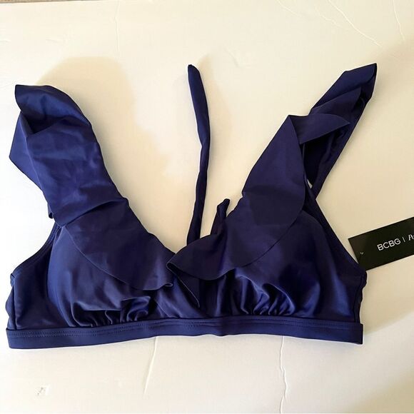 NWT New BCBG Paris Ruffled V Neck Plunge Bikini Swim Top L Midnight Adjustable - Picture 6 of 7